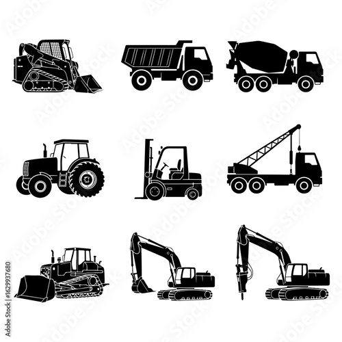 Collection of Black Silhouettes of Construction and Farming Vehicles machinery equipment