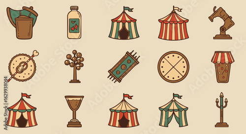 A collection of vector icons depicting medieval fantasy and carnival fair elements. Set of 15 objects for games or design.