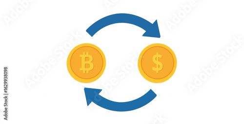 Bitcoin to dollar exchange icon, Flat vector illustration of cryptocurrency and money conversion with circular arrows in financial concept style

