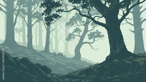 Misty forest landscape with tall trees, winding path, and a sense of mystery, perfect for backgrounds and atmospheric visuals