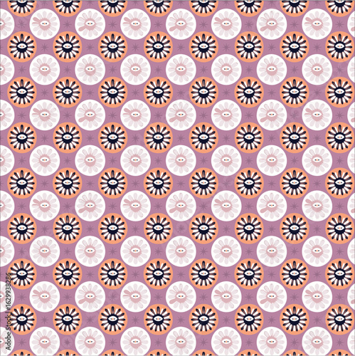 pattern, symmetrical abstract floral shapes arranged in a grid on a hot pink background