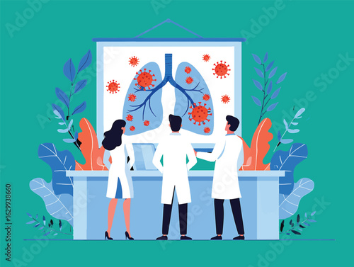 Medical team studying a respiratory virus on a lung diagram, a vector illustration