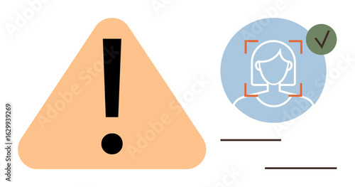 Alert triangle and facial recognition icon with verified checkmark to signal attention and validation. Ideal for digital security, identity verification, caution, attention, safety, technology