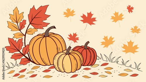 Autumn background with pumpkins and colorful leaves, perfect for thanksgiving and fall season designs, adding a warm and festive touch