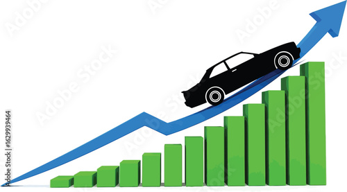 Car climbing graph showing upward trend isolated on white background