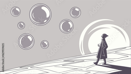 A man walking on a path towards the sun with bubbles floating in the sky, creating a surreal and dreamy scene with retro style and vintage texture