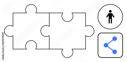Two interconnected puzzle pieces symbolizing teamwork, with icons for human figure and sharing. Ideal for collaboration, partnership, connections, teamwork, human interaction, sharing, and a simple