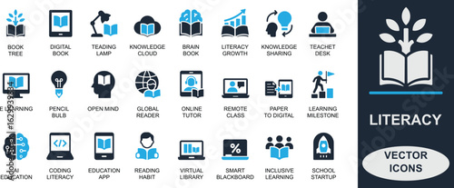 Global Literacy Awareness icon set for International Literacy Day with book, reading, education, and e-learning concepts. Ideal for school, app, UI, and digital learning projects.