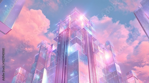 Fototapeta Naklejka Na Ścianę i Meble -  A crystalline skyscraper glistening under a vibrant, cloud-filled sky. 3D render