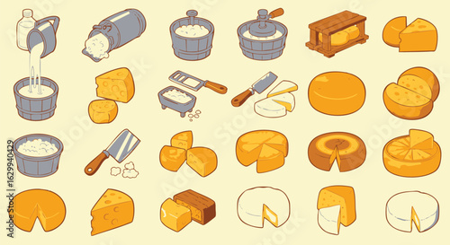 Vector illustration set of dairy farming and cheesemaking process icons. Collection of gourmet cheese products and equipment.