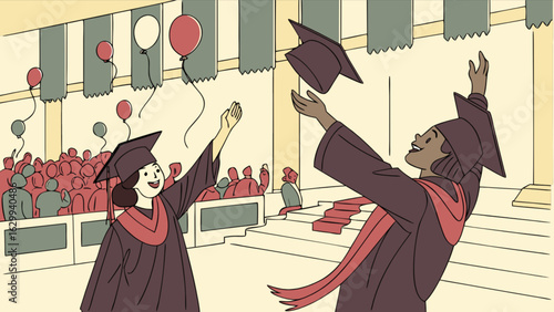 A joyous graduation ceremony with students tossing their mortarboards in celebration of their academic achievements, surrounded by a supportive crowd and festive balloons