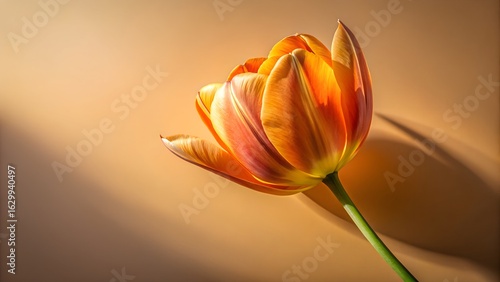 A single orange and yellow tulip with delicate petals bathed in warm light and shadow, showcasing its natural beauty and vibrant color