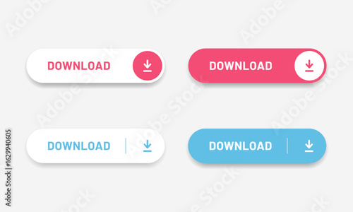 3D download button icon. Upload icon. Down arrow bottom side symbol. Click here button. Save cloud icon push button for UI UX, website, mobile application.