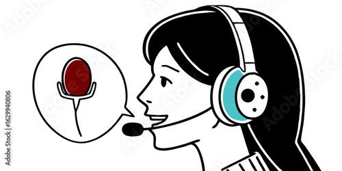 Woman operator with headset talking into microphone for customer service and communication support online on transparent background