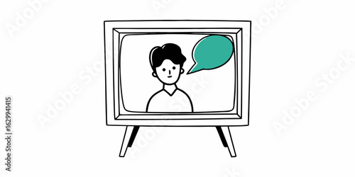 Man on tv screen with speech bubble illustration for presentation or online conference call concept design on transparent background