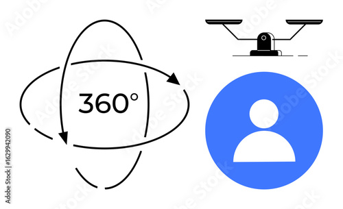 Rotational arrows forming 360, blue user icon, and balance scale. Ideal for perspective, balance, holistic view, analysis, equality user focus. A simple flat metaphor