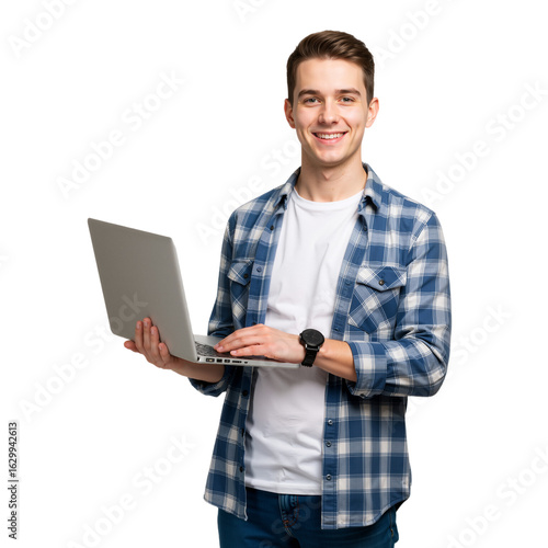 Youthful Professional with Laptop: Digital Engagement and Enthusiasm