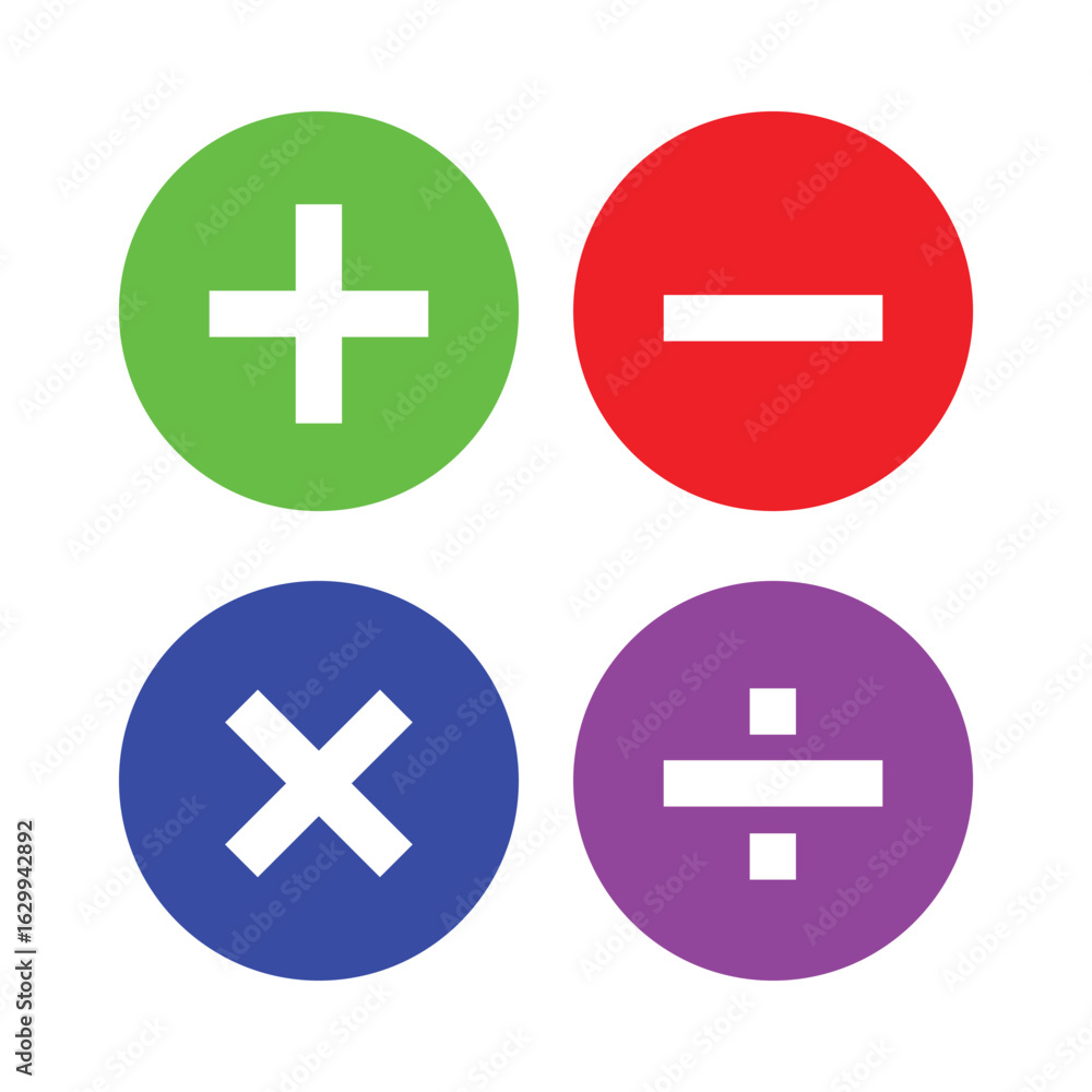 Vector illustration of a set of mathematical symbols. Circular icons for basic number operations like addition, subtraction, multiplication, and division. Simple calculation elements. Vector illustration of a set of mathematical symbols. Circular icons for basic number operations like addition, subtraction, multiplication, and division. Simple calculation elements.