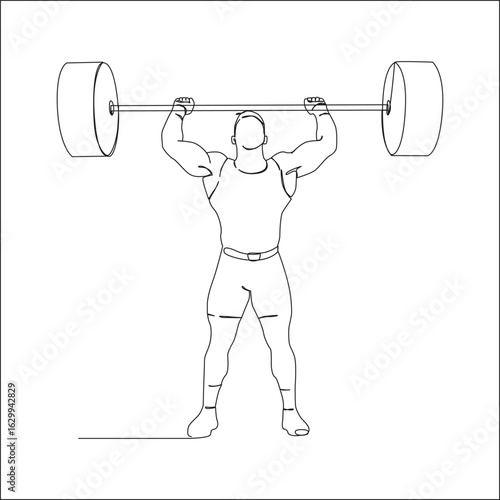 Line art illustration of a weightlifter lifting a heavy barbell overhead, showcasing strength, balance, and determination in a clean minimalist style