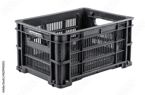 Black plastic storage crate with ventilation
