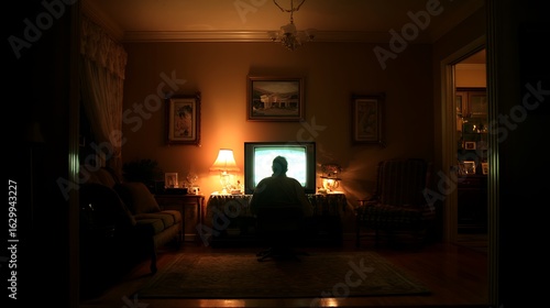 A melancholic room lit only by a screen displaying fading family memories with heavy digital noise, cinematic emotion, solitude and nostalgia, 