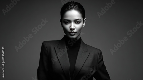 Confident business woman in a tailored suit, professionally portraited under minimal high-contrast lighting, with sharp facial features and cinematic chiaroscuro effects.