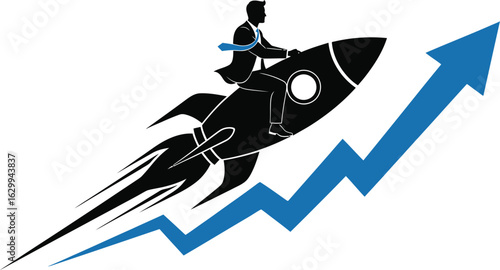 Businessman riding a rocket isolated on white background
