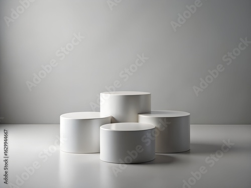 Four minimalist white cylinders arranged as a product display stage