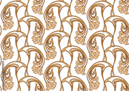 Decorative flowers and leaves in art nouveau style, vintage, old, retro style. Seamless pattern, background. Vector illustration. In art nouveau style, vintage, old, retro style.