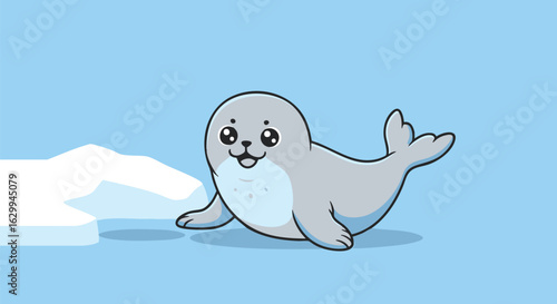 A cute cartoon seal pup smiling on an ice floe. Adorable arctic baby animal vector illustration.