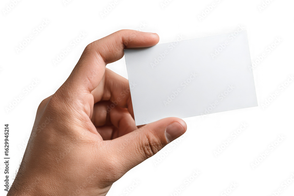 Obraz premium Photo of human hand holding a blank white business card isolated on transparent background
