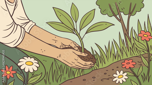Planting a tree gardening and nature illustration for environmental awareness and eco friendly lifestyle themes