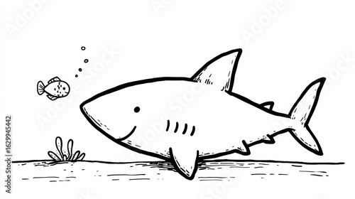 Simple black and white drawing of a friendly shark and a small fish in an underwater scene