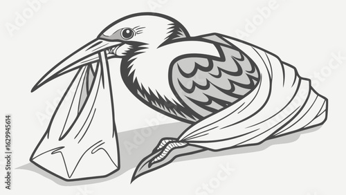 Bird carrying plastic bag pollution illustration environmental concern wildlife impact vector art