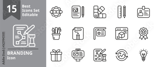 Set of Branding icons. Icons Contains branding, logo, identity, design, visual, etc . Design elements for you projects. Editable stroke vector illustration.