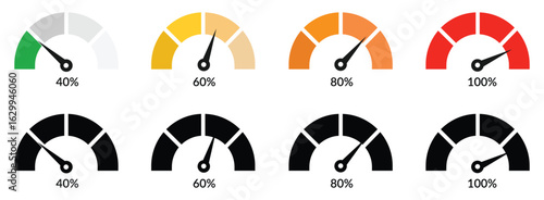 Dashboard colorful speedometer icons set, Speed indicator sign, Performance indicator sign, Green and red, low and high barometers, dashboard with arrows, Tachometer icon isolated