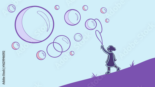 Girl blowing bubbles outdoor activity fun childhood memory soap bubbles floating in the air illustration