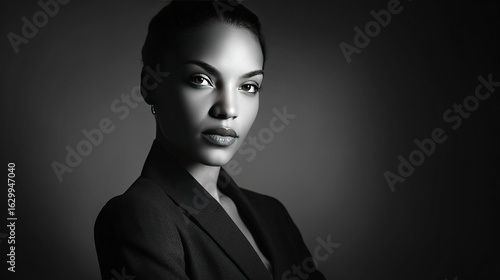 Confident business woman in a tailored suit, professionally portraited under minimal high-contrast lighting, with sharp facial features and cinematic chiaroscuro effects.