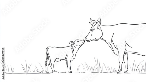 Simple line drawing of a cow and calf