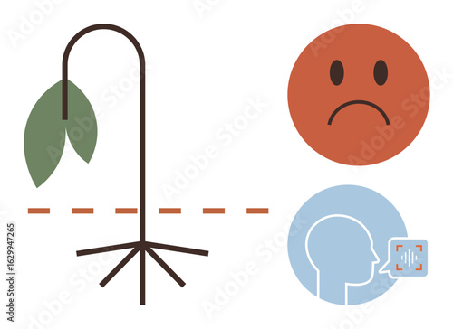 Wilting plant with severed roots beside sad face and speech indicator. Ideal for climate change, emotion, depression, loss, ecological awareness, mental health, communication. Simple flat metaphor