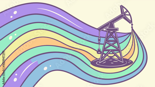 Oil pump jack with rainbow energy illustration for energy and environmental themes and concepts design