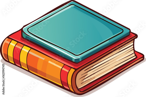 A vibrant, cartoon-style illustration of two stacked books, one with an orange and red cover, the other teal.
