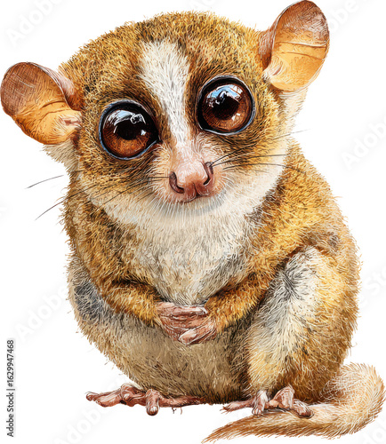 Adorable pygmy slow loris with large expressive eyes sitting peacefully isolated on transparent background