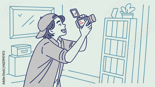 Man filming with camcorder in living room home video vlogging content creation and digital storytelling vector art
