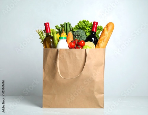 Brown paper grocery bag filled with various fresh produce and food items
