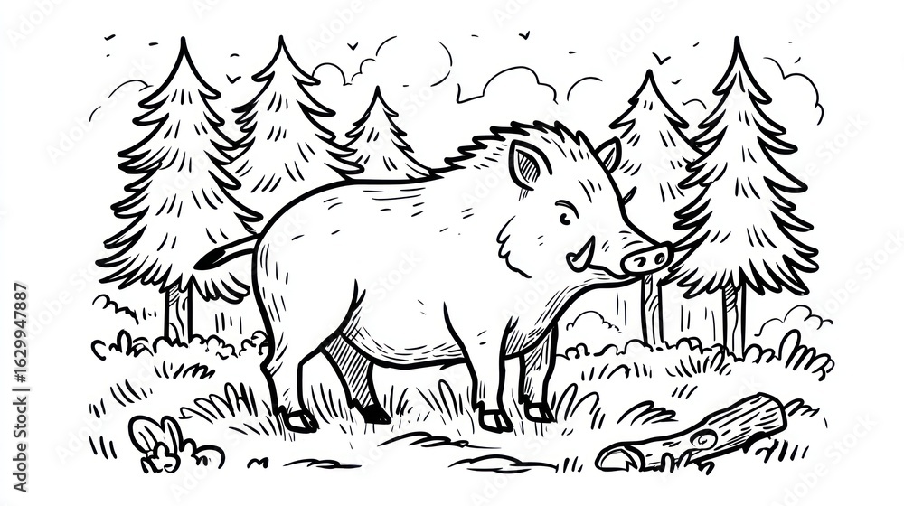 Obraz premium Black and white illustration of a wild boar in a forest