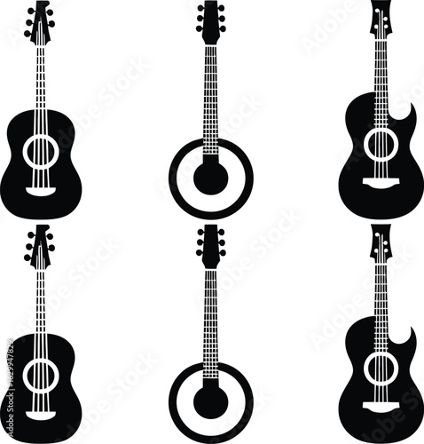Six Black Guitar Silhouettes on White Background acoustic guitar