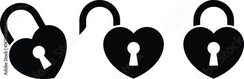 Three black heart shaped padlocks one open security