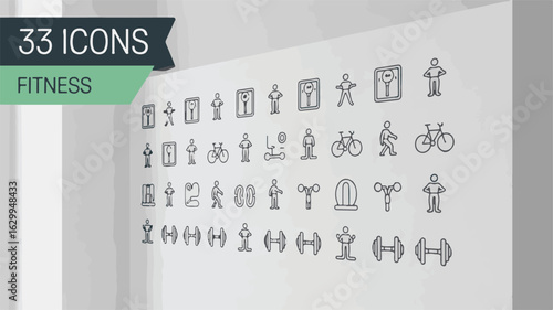 Fitness icons people bicycles weights and exercise equipment vector.eps