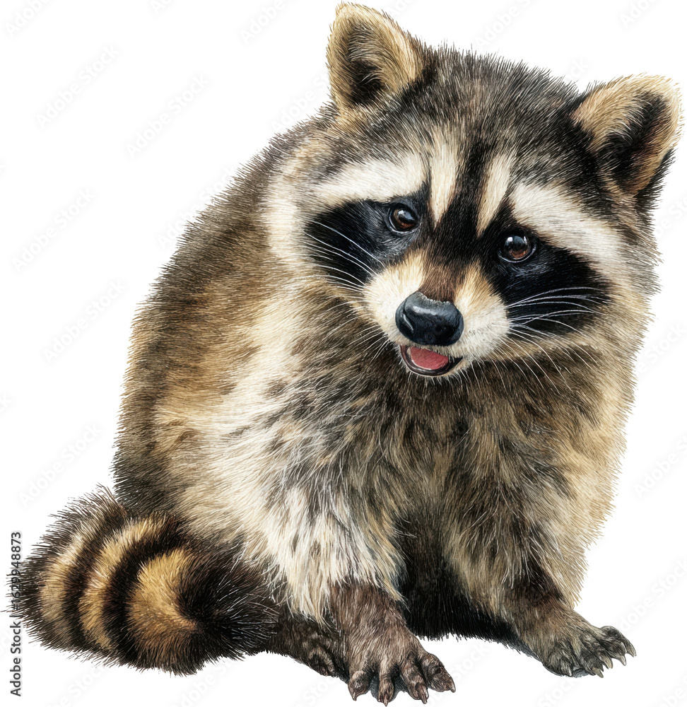 Fototapeta premium Adorable baby raccoon sitting and looking downwards isolated on transparent background